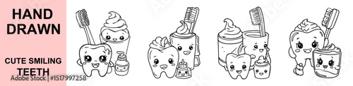 Hand drawn cute smiling teeth with toothbrush toothpaste and mouthwash vector dental hygiene illustration for kids dentist education design
