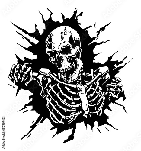 Bold Linocut Skeleton Breaks Through Wall in Striking Black and White Art