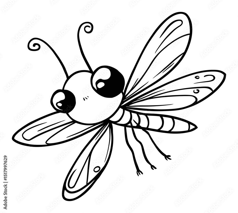 Detailed Drawing of a Cute Cartoon Insect with Big Eyes and Delicate Wings Detailed Drawing of a Cute Cartoon Insect with Big Eyes and Delicate Wings