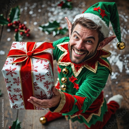 An elf in a vibrant green and red costume joyfully holds out a sparkling Christmas gift. The cozy room is adorned with holiday decorations, creating a cheerful atmosphere