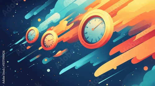 Abstract clocks speeding through space, vibrant colors and dynamic motion.