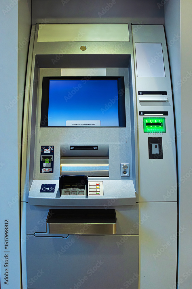 A full front view of an ATM machine in a banking lobby showing all the input and output components.
A full front view of an ATM machine in a banking lobby showing all the input and output components.