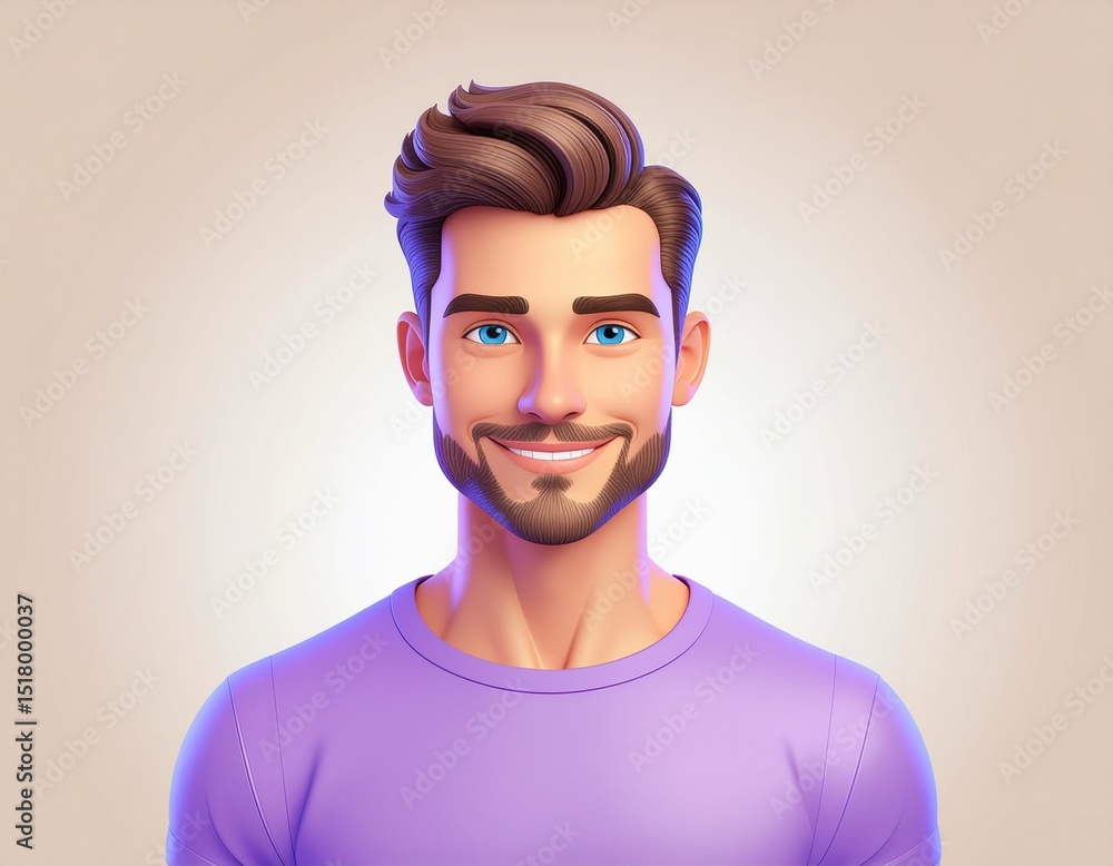 Portrait of a white man with blue eyes wearing a purple t-shirt, looking directly at the camera with a big smile. Portrait of a white man with blue eyes wearing a purple t-shirt, looking directly at the camera with a big smile.