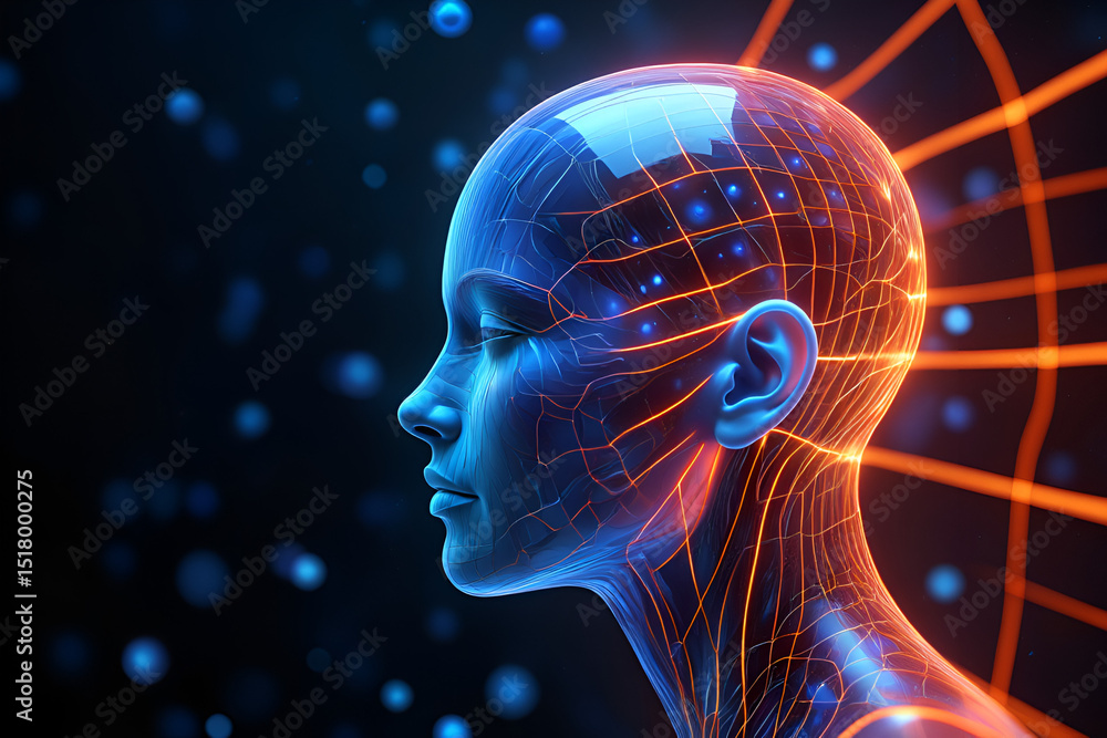 Obraz premium Side profile of futuristic woman head illuminated by glowing network nodes and pathways in dark background artificial intelligence concept