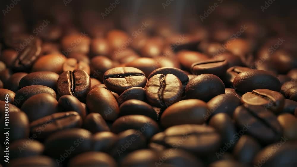 Roasted coffee beans macro shot close up, with a blurry background and a golden glow, showing texture and rich brown tones, great for breakfast or cafe concept footage. Roasted coffee beans macro shot close up, with a blurry background and a golden glow, showing texture and rich brown tones, great for breakfast or cafe concept footage.