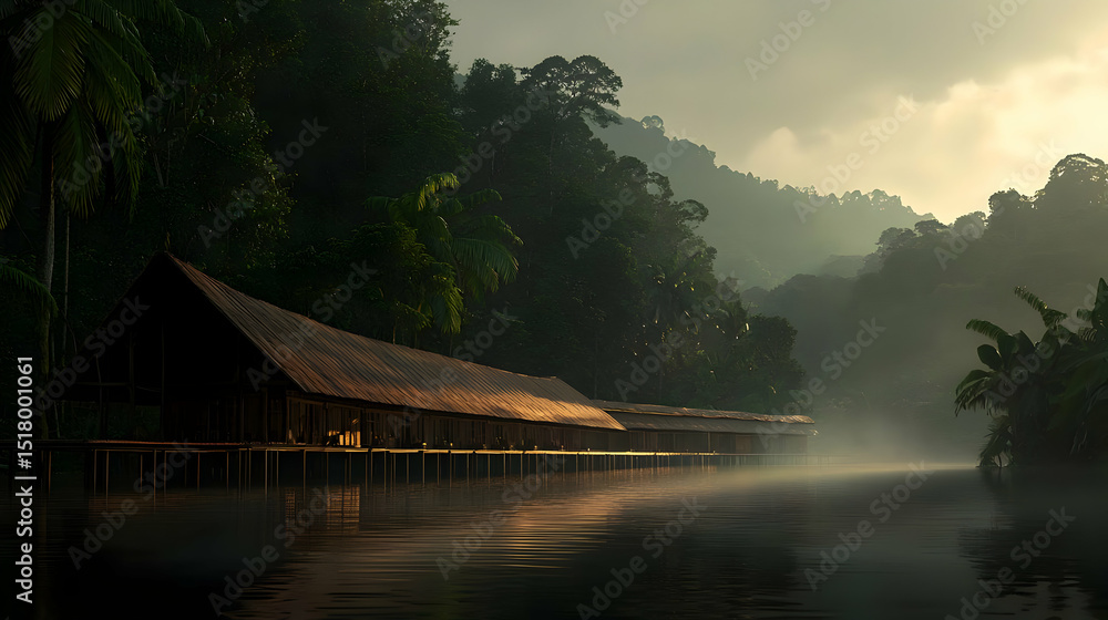 Fototapeta premium Misty Riverbank With Wooden Huts In Tropical Forest At Sunrise