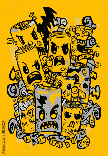 Vibrant Hand-Drawn Illustration of Cartoonish Batteries on Bold Yellow Background