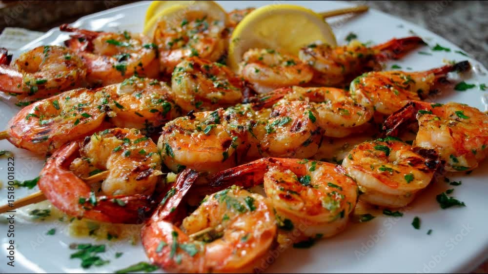 Delicious grilled shrimp skewers with lemon garnish, showcasing culinary artistry. Delicious grilled shrimp skewers with lemon garnish, showcasing culinary artistry.