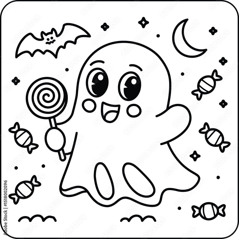 Happy Ghost with Lollipop and Candy Line Art Coloring Page Happy Ghost with Lollipop and Candy Line Art Coloring Page