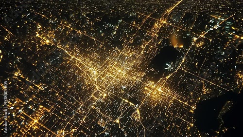 Aerial view of a vibrant city illuminated at night, showcasing a network of streets and buildings