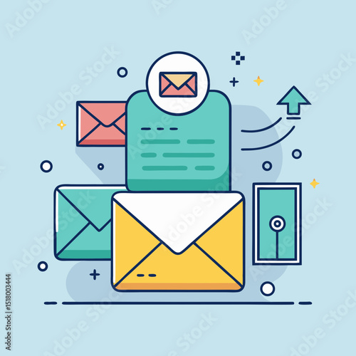 Email marketing and communication illustrated with envelopes, document and arrow up icon