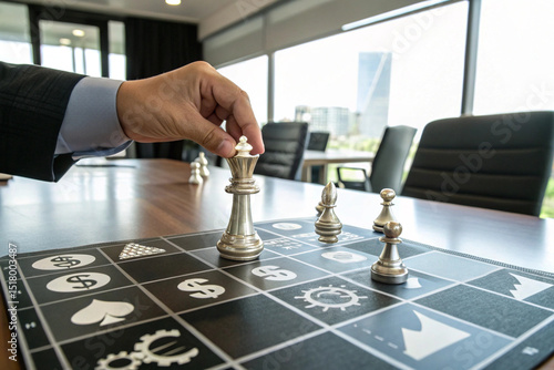 Business strategy conceptualized as a game of chess with financial and corporate symbols