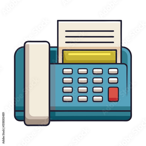 Illustrated fax machine with telephone handset and paper, office equipment