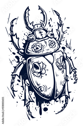 Detailed Hand-Drawn Illustration of a Modern Beetle Design with Floral Elements