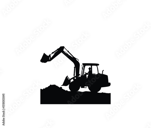 Silhouette of a backhoe loader working on site on white background