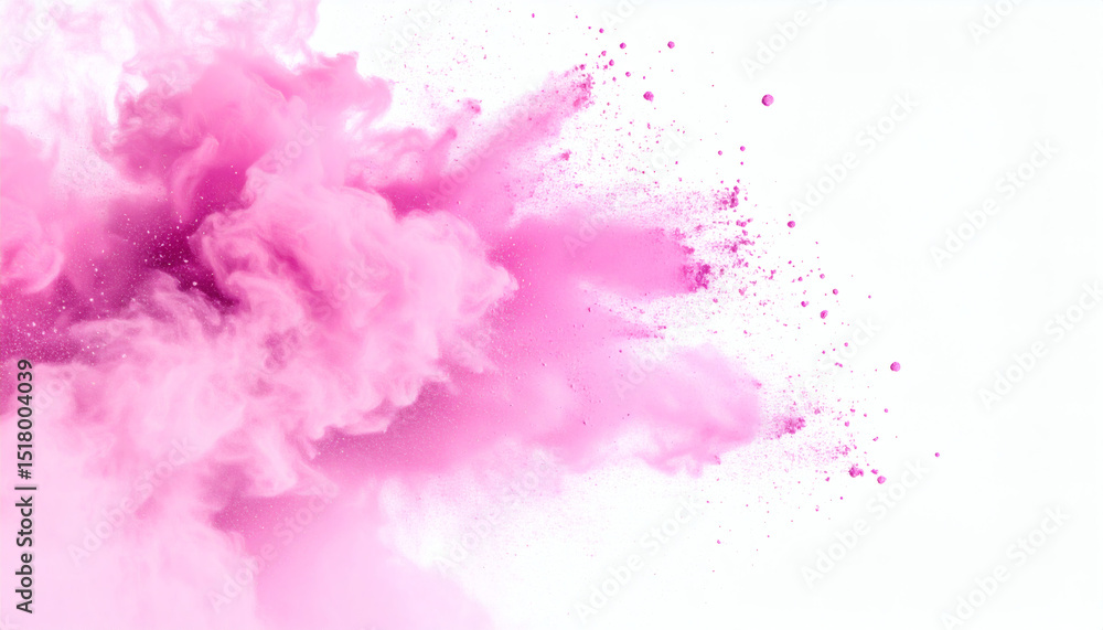 Fototapeta premium Pink powder explosion on white background for vibrant Holi celebration, colorful paint burst, and dynamic festive powder visuals