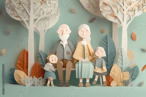 Grandparents sitting on bench with granddaughters enjoying autumn day in paper cut style