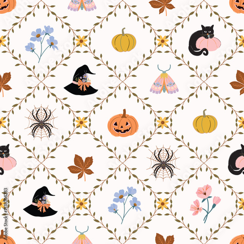 Cottagecore halloween seamless pattern. Autumn grandmillennial diamond pattern background with pumpkins, jack-o-lantern, leaves. witch hat, spider. Fabric, gift wrap design.