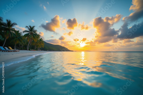 blurry image of a beach with palm trees and lounge chairs