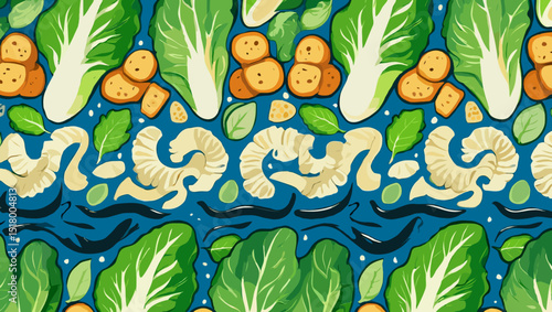 Caesar Salad Seamless Vector Pattern Romaine Lettuce Croutons Parmesan Anchovy Stripes