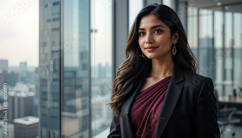 An Indian businesswoman in a dark maroon formal saree and blazer standing beside a high-rise office window