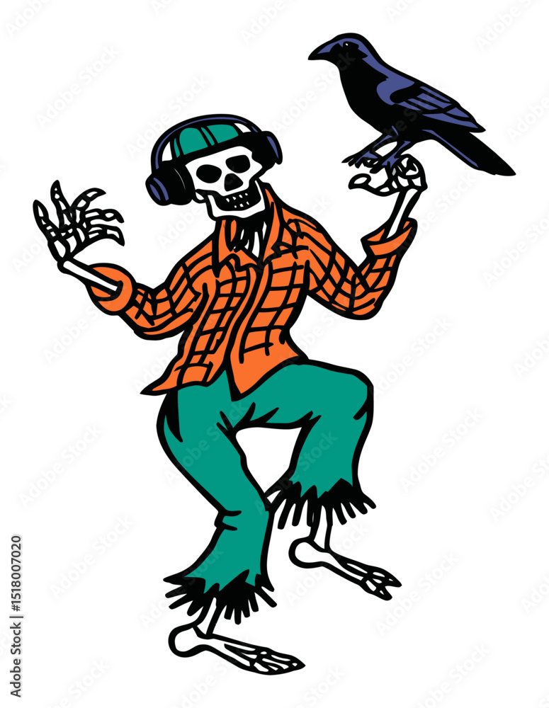 Fototapeta premium Whimsical Skeleton with Headphones and Raven Dancing in Modern Doodle Style