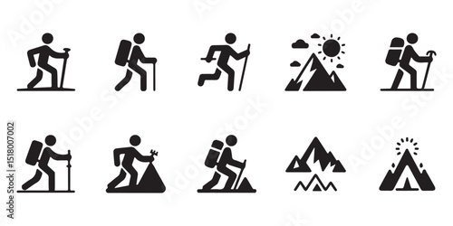 a set of black and white icons depicting various hiking and mountaineering activities.