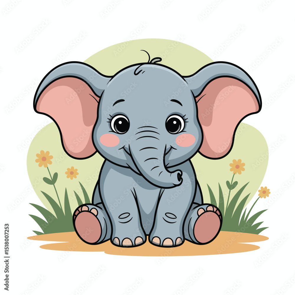 Adorable cartoon baby elephant sitting in a field with flowers smiling and relaxing cute character design for children's book illustration or nursery decor. Adorable cartoon baby elephant sitting in a field with flowers smiling and relaxing cute character design for children's book illustration or nursery decor.