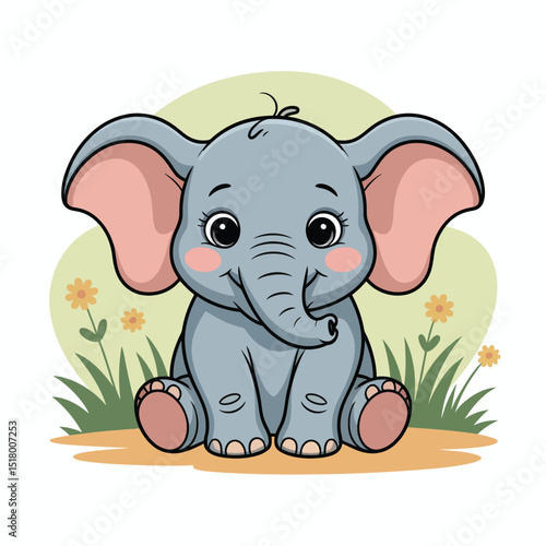 Adorable cartoon baby elephant sitting in a field with flowers smiling and relaxing cute character design for children's book illustration or nursery decor.
