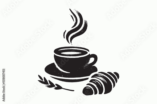 Coffee cup with croissant engraving style vector illustration logo, icon, sign, emblem