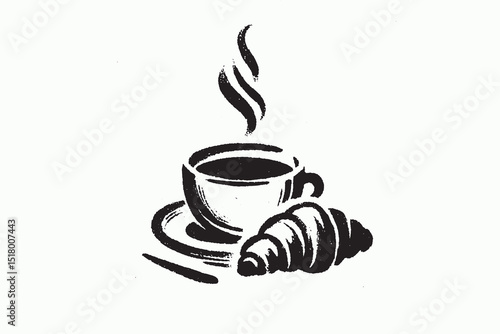 Coffee cup with croissant engraving style vector illustration logo, icon, sign, emblem