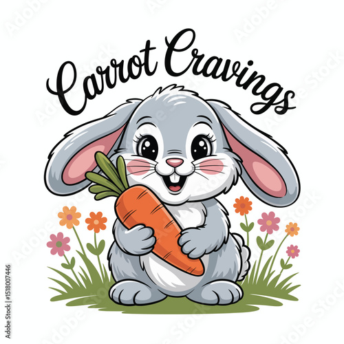 Adorable cartoon bunny with a carrot depicting carrot cravings and springtime fun on a white background perfect for childrens designs