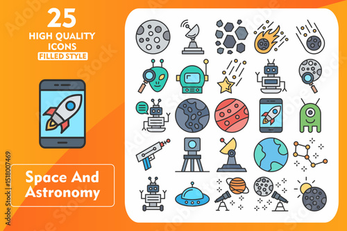 Space and Astronomy Line Filled Icon Set. Incleded Icons Moon, Satellite Dish, Rocks, Meteor, Asteroid, Alien, Astronaut Helmet, Falling Star, Robot, Planet. Vector Icons Collection