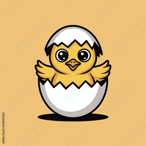 Adorable cartoon chick hatching from an egg happy easter concept yellow bird design illustration on a warm background