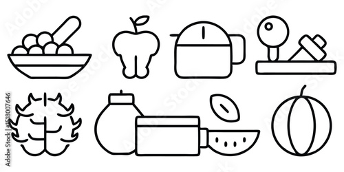 Fruits and kitchenware isolated on white background in outline style