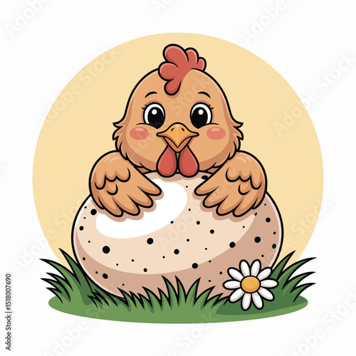 Adorable cartoon chicken embracing a speckled egg on green grass featuring a simple daisy a delightful farm animal design