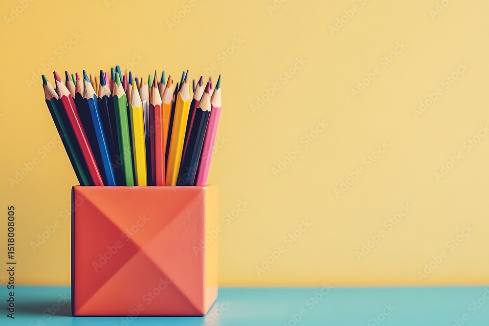 Fototapeta premium A set of colorful pencils in a geometric container on a vibrant background