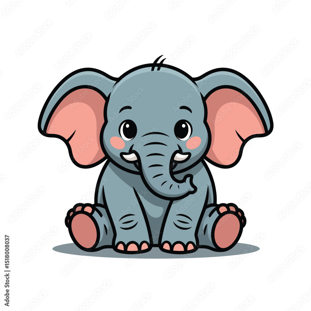Fototapeta premium Adorable cartoon elephant illustration sitting on the ground with pink details and cheeks on a white background perfect for childrens designs