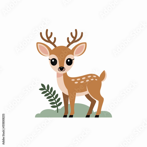 Adorable cartoon fawn standing proudly on green ground with a small branch against a white background, suitable for nursery decor and children's designs.