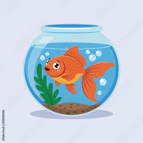 Adorable cartoon goldfish swimming happily in a glass fishbowl with bubbles and aquatic plants against a light blue background