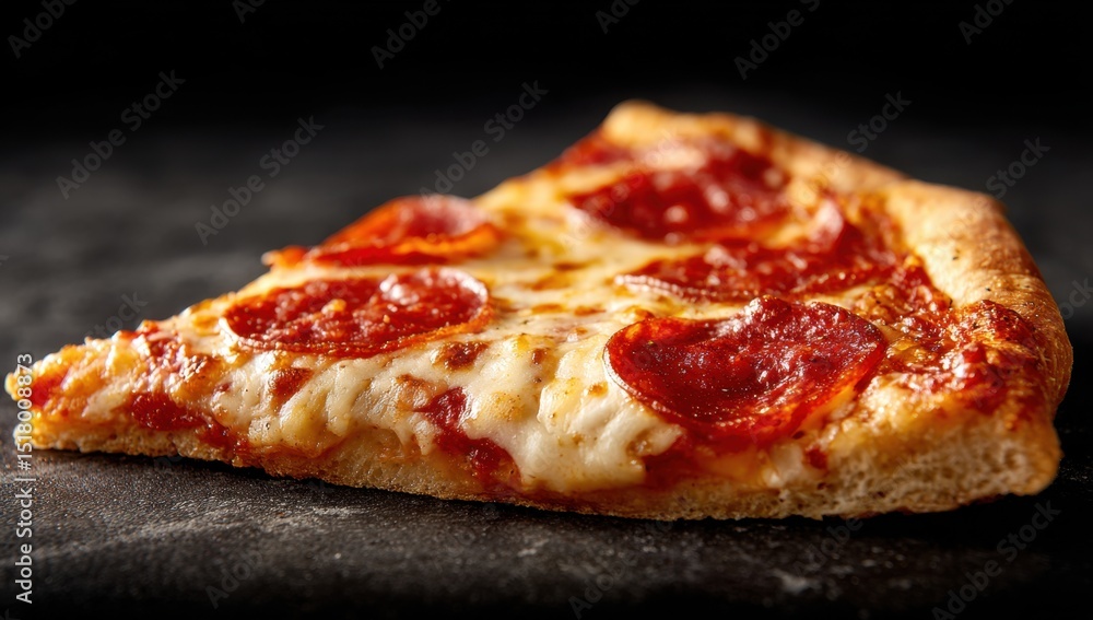 Pepperoni pizza slice on dark surface Pepperoni pizza slice on dark surface