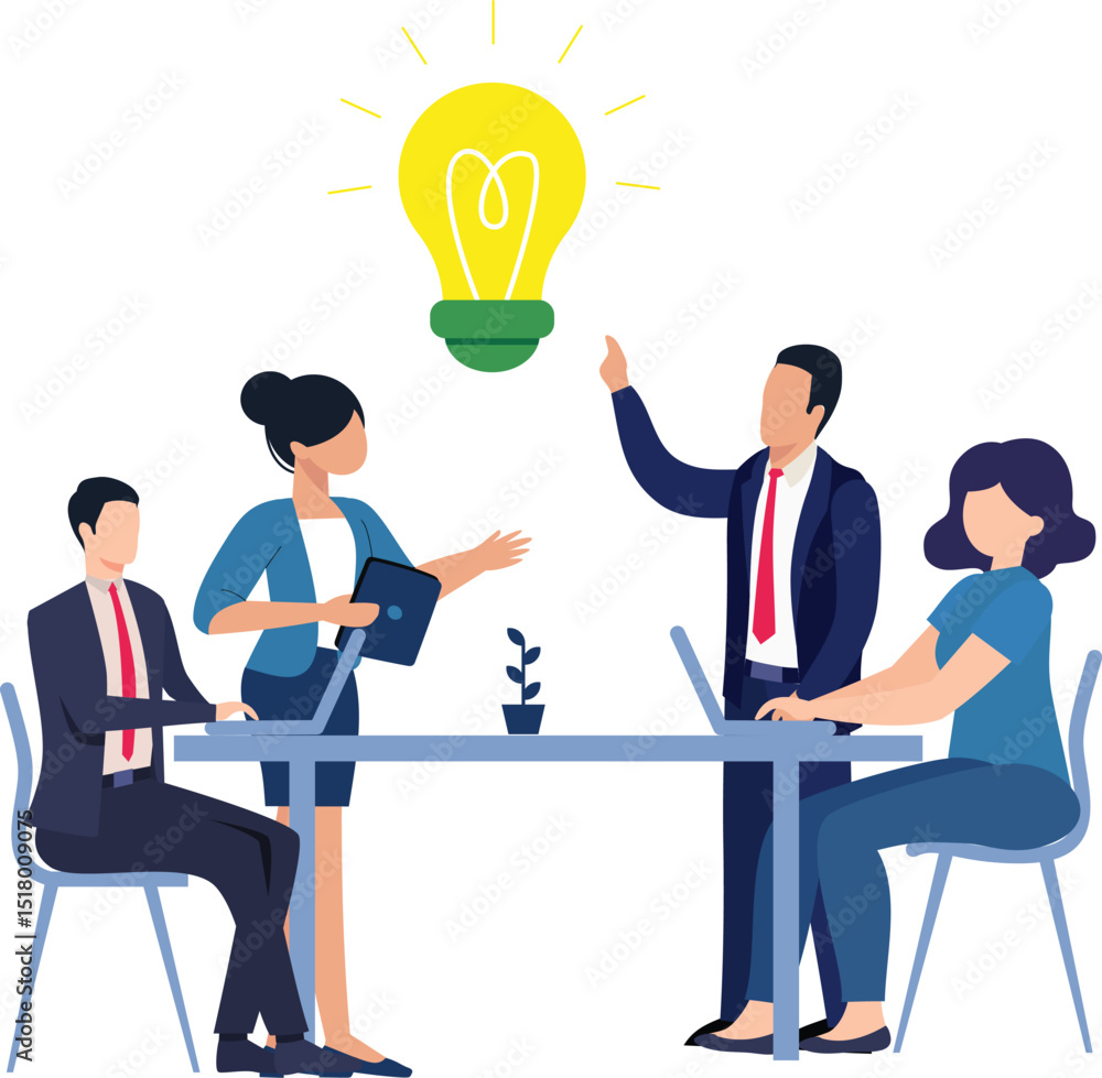 Business people sharing a light bulb idea in a teamwork concept illustration Business people sharing a light bulb idea in a teamwork concept illustration