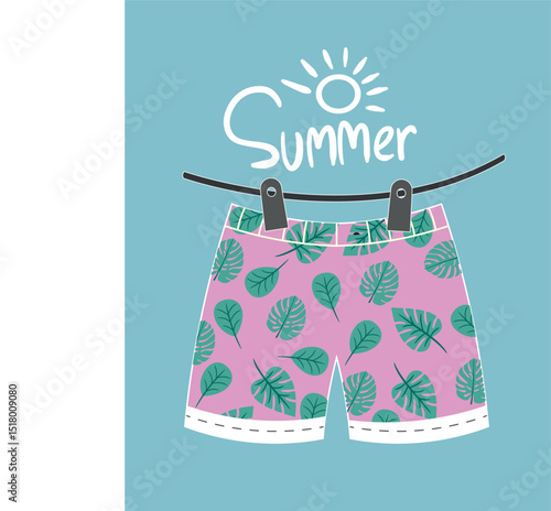 Flat Design Swim Short with  Tropical Leaves Pattern