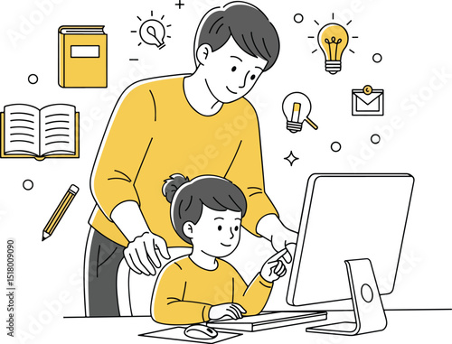 Line-art style of a parent guiding a child at a computer doing schoolwork. Add book, pencil, and lightbulb icons