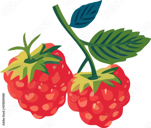 Ripe raspberries hanging from their green stems against a simple background