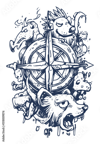 Hand-Drawn Modern Illustration of Animals Around a Nautical Compass Design