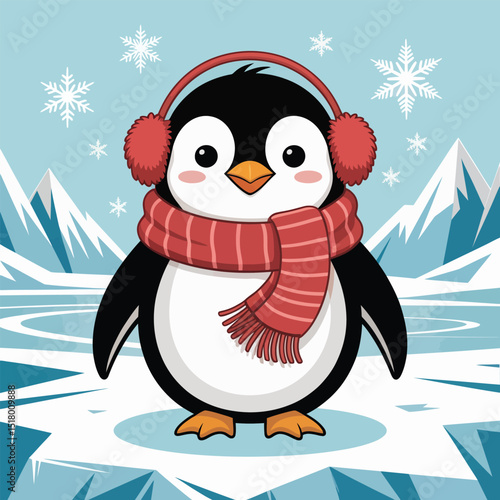 Adorable cartoon penguin wearing ear muffs and scarf in a winter wonderland illustration on an icy surface with snowflakes and mountains in the background