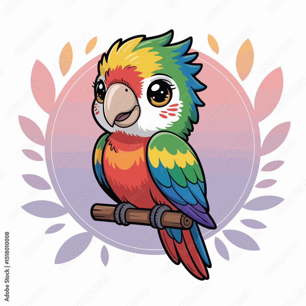 Fototapeta premium Adorable cartoon parrot illustration with colorful feathers perched on a branch within a decorative circular frame featuring leaf accents