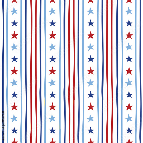 Stars and stripes seamless pattern in red and blue on white background. America patriotic print, Independence day decoration, Fabric, wallpaper, packaging, gift wrap design, banner.