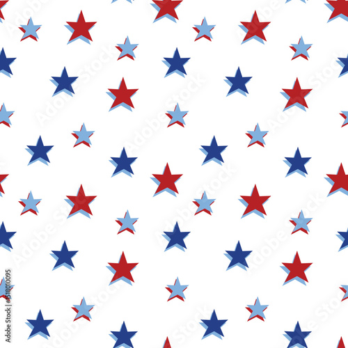 Stars seamless pattern in red and blue on white background. America patriotic pattern, Independence day decoration, Fabric, wallpaper, packaging, gift wrap design, banner.
